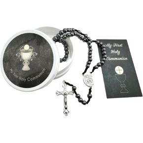 Westmon Works First Compleion Rosary Set حبات الهيماتيت وحزمة Deluxe Case مع بطاقة الصلاة المقدسة