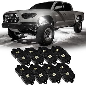 OPT7 Photon Pure White LED Magnet Rock Lights ، 8 PODS Wide Angle Neon Underglow Lighting Kit مع سلك التمديد ، IP68 للماء لشاحنة Orroad Jeep RZR ATV UTV SUV - Black