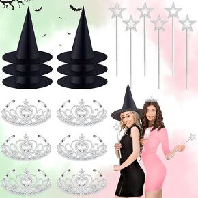 18 Pcs Witch Hats Glitter Star Wands Princess Crowns Set Black Wizard Hats Sparkling Princess Accessories for Adults Witch Halloween Cosplay Party Supplies Pink Green Party Decor Photo Props
