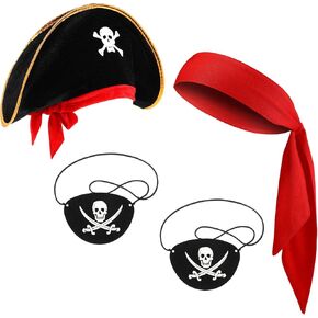 Tarpop 4 Pcs Pirate Costume Outfits Supplies Included 2 Captain Eye Patches Black Felt, Red Pirate Head Bandana, Skull Print Captain Hat for Men Women Adult Cosplay Dress up Party Accessories