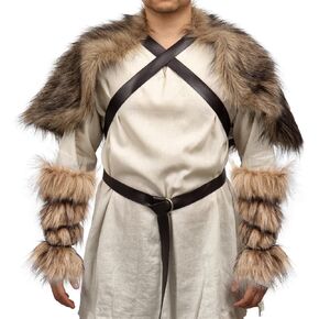 FURPHI Medieval Faux Fur Shawl with Belt Arm Bracers Shoulder Cape Renaissance Warrior Cosplay Costume (2PCS)