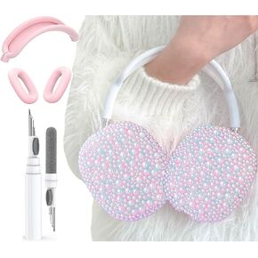 غطاء حماية من اللؤلؤ اللامع لسماعات AirPods Max مع قلم تنظيف للبنات، أغطية أذن ناعمة مصنوعة يدويًا من مادة TPU / وسادة أذن / غطاء رأس من السيليكون لملحقات Apple Air Pod Max، أبيض