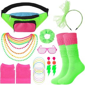 80s Accessories for Women 80s Costume Outfit Accessories Set 80s Neon Fanny Pack Headband Earrings Bracelet Necklace Slouch Socks Fishnet Gloves Scrunchies