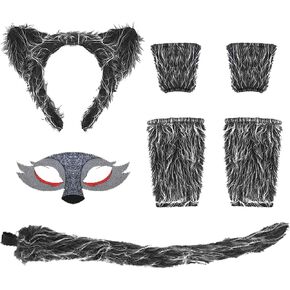 7pcs Wolf Costume Set with Mask,Grey Wolf Ears Headband Gloves and Tails for Halloween Wolves Cosplay for Women Men Parties Christmas Gifts