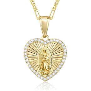 Virgin Mary Necklace for Women, 14K Gold Plated Guadalupe Necklace Mother Mary Catholic Gift, Cubic Zirconia Virgen de Guadalupe Charm Pendant Lady of Guadalupe Mexican Jewelry, 18/20/24 IN Chain