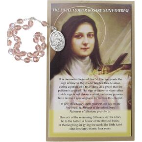 Needzo Pocket Prayers and Rosaries, Saint Therese Chaplet with Pink Clear Crystal Beads and Silver Tone Medal, Catholic Prayer Card and Rosary Gift Set, 5.75 Inches