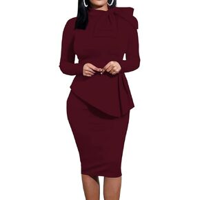 Toponsky Peplum Club Fruck Dresses Pencil Church Party الرسمية طويلة الأكمام بورجوندي XL