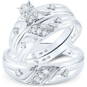 His and Hers Bridal Womens and Mens Engagment and Wedding Band Complete Trio Matching Wedding Rings Set 10K White Gold Round Diamond Cross 1/5 Cttw