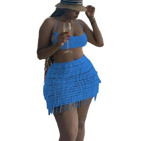 النساء 2 قطعة ملابس مثير الكروشيه فستان قصير الجوف الشرابة التنانير مجموعات الصيف ضمادة أنبوب القمم in Kuwait