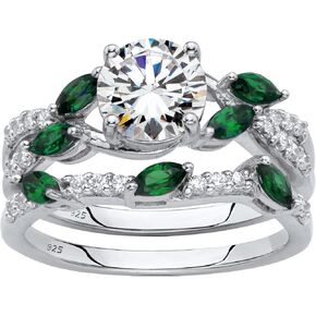 Palm Beach Jewelry Platinum فوق الفضة الاسترليني جولة زركونيا مكعب مع مجموعة خاتم الزفاف الزفاف الأخضر المملح
