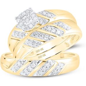 His and Hers Bridal Womens and Mens Engagment and Wedding Band Complete Trio Matching Wedding Rings Set 10K Yellow Gold Round Diamond Solitaire 1/4 Cttw