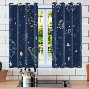 Sun Moon Navy Blue Blackout Curtains Polka Dots Stars Planet Pattern Printed Bedroom Window Drapes for Kids Children 2 Panels Set Bed Living Room Night Sky Curtain 21x45 inches