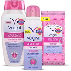 كتلة رائحة Vagisil Multipack للنساء ، والغسل الحميمي اليومي ، و 20 مناديات أنثوية ، ورذاذ مزيل العرق الغسيل الجاف - تم اختبار النساء