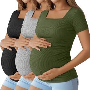 Huukeay 3 Pack Women's Maternity Shirt Ribbed Short Sleeve Pregnancy Top Cotton Square Neck Side Ruched Casual Mama Clothes