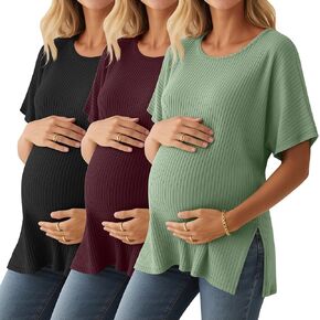 3 Pack Women's Maternity Shirts Ribbed Cotton Crew Neck Pregnancy Tops Side Split Casual Tunics Oversized Tee