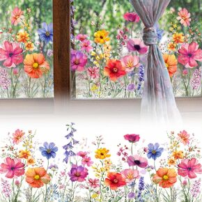 Colorful Floral Bouquet Window Sticker，Wildflower Grass Window Wall Decals，Lily Peony Poppy Floral Window Stickers，Reusable, Removable, Double-Sided, for Home Office Deco (Color A)