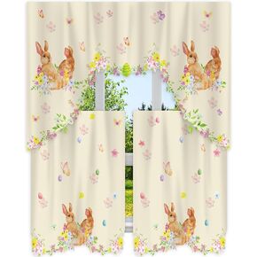 Easter Kitchen Curtains 3 Piece Set Spring Window Curtains Set Bunny Swag and Tiers Rabbit Valance Printing Rod Pocket Farmhouse for Easter Kitchen 58 x 34'' Valance 29 x 34'' Tier(White)