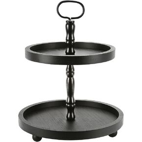 Wooden Two Tiered Serving Tray, Rustic Round Farmhouse Style Decorative Tray with Metal Handle, Table Centerpiece, Kitchen Decor, Coffee Bar, Holiday Display,Fruits and Cupcake Display (Black)