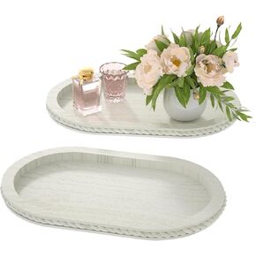 Urban Deco Oval Wooden Tiered Tray, Farmhouse Vintage Decorative Tray Stand for Coffee Table, White Serving Tray for Living Room Kitchen Home Decor - 1 Pack