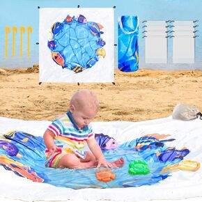 6.5 X 6.5 Feet Baby Beach Pool Portable Baby Pool Cute Cartoon Puddle Pool Toddler Blue Beach Blanket and Kiddie Pool Flexible Kids Beach Pool with Printed Storage Bag