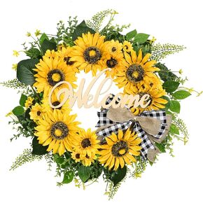 Waipfaru Sunflower Wreaths for Front Door, 20" Sunflower Door Wreath with Welcome Sign and Bow, Spring Summer Wreath for Farmhouse Front Porch Patio Window Decor
