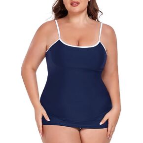 Ocean Blues Women's Plus Size Color-Blocked U Neck Tankini Top Tummy Control Bathing Suit