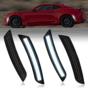 LED Side Marker Light متوافق مع 2016-2024 Chevy Camaro ، 4pcs عدسة مدخنة من المقاطعات الأمامية والخلفية الخلفية المصد الأضواء المصد أبيض مقاوم للماء مضاد للماء