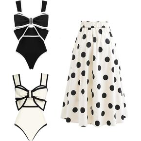 FLAXMAKER Black and White Bow-tie Decor Women's with Beach Cover up Polka dot Print Skirt Swimsuit and Skirt…