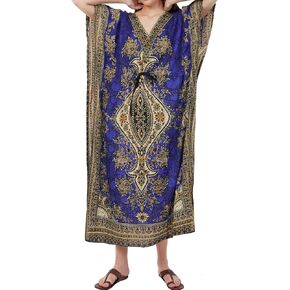 Divine threads -- Women's Kaftan Floral Print/Beach Cover Up/Plus Size V-Neck Loose Kimono Maxi Dress