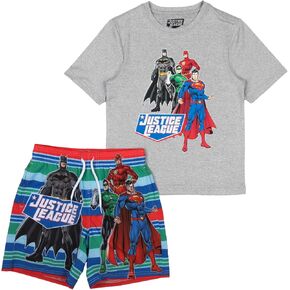 Justice League Batman Flash Green Lantern & Superman Boy's Short Sweve Performance Swim & Boardshorts Combo Set