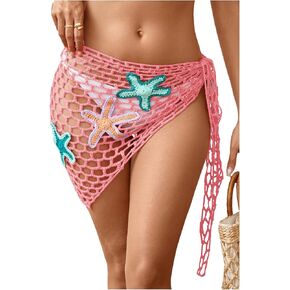 Verdusa Women's Starfish Hollow Out Crochet Beach Cover Up Skirt Asymmetrical Sheer Wrap Skirt