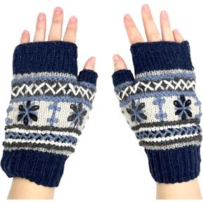Hand Knit Alpaca Fingerless Embroidered Gloves Fleece Lined Winter Texting Driving Warm