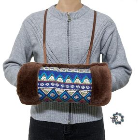 Faux Fur Hand Muffs for Women Girls, Soft Plush Bohemian Hand Warmer Pouch with Neck Cord, Warm Hand Muffler for Cold Weather, with Bowknot Brooch (Brown)
