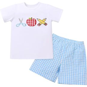 IMEKIS Toddler Kids Boys Back to School Outfit Top with Shorts Schoolbus Embroidered Kindergarten Clothes 3-7T