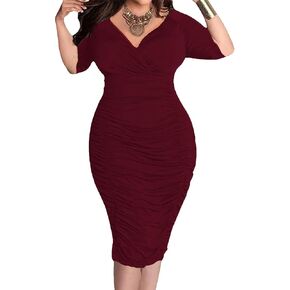 Yiershu Womens plus size size sleeve bodycon dresses sexy ruched rough deep v deep buck party cocktail bress