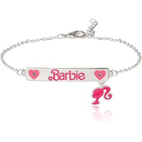 Barbie Pink ID Bracelet for Women with Dangle Charm, 7"+1" Silver Flash-Plated Bar Bracelet, Officialy Licensed Jewelry