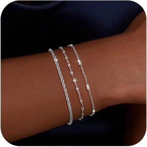Silver Bracelets for Women Silver Stackable Bracelets for Women Link Charm Silver Bracelet Stack Waterproof Jewelry for Women Trendy Minimalist Simple Bracelet Set Jewelry Gift