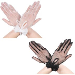 2 pairs Tulle Gloves,White and Black Sheer Gloves Women, Bow Short Tulle Mesh White & Sheer Black Gloves for Prom Evening Bridesmaids Wedding Opera