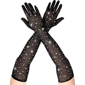 Women Rhinestone Fishnet Long Gloves, Rhinestone Sheer Gloves Sparkly, Glitter Black Lace Gloves Long Mesh Arm Sleeve Party Halloween Costume Accessories