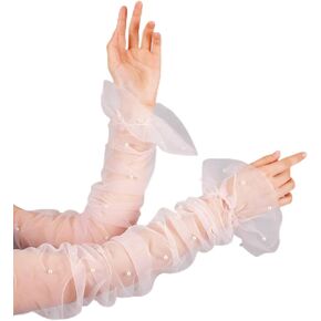 Geyoga Women's Long Bridal Wedding Tulle Gloves Pearl Mesh Fingerless Gloves for 1920 Opera Tea Party Dance Costume Accessory