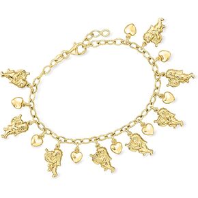 Ross-Simons Italian 18kt Gold Over Sterling Silver Cherub and Heart Charm Bracelet. 7 inches