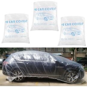 3 Packs Disposable Car Cover Clear Plastic Car Cover Universal Rain Dust Garage Cover with Elastic Band Large (15.7FT x 24.6FT)