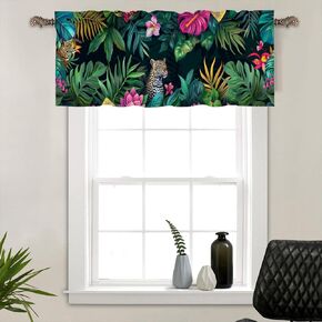 1 Panel Tropical Leopard Floral Kitchen Valance Curtains for Windows, Botanical Plant Animal Window Treatment Rod Pocket Drapes Valances for Bathroom, 54" X 18"