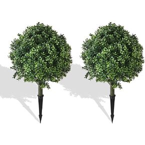 28" Artificial Boxwood Topiary Ball Trees with Ground Spike for Outdoor,Set of 2 UV Resistant Artificial Shrub Bushes,Artificial Plants,Fake Boxwood Plants for Indoor, Garden, Yard,Patio Décor