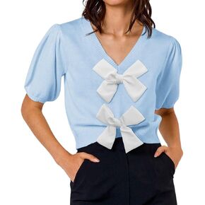 Yousify Womens Short Sleeve Crop Tops Summer V Neck Shirts Double Bow Tie Knit Casual Sweater Vest