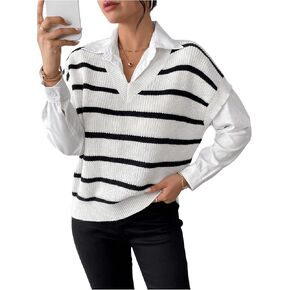 MakeMeChic Women's Striped V Neck Cap Sleeve Knit Sleeveless Sweater Vest Tops Lightweight Fall Trendy
