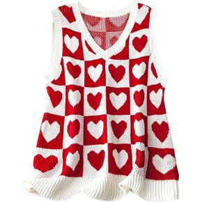 Women's Plus Size Heart Print Sweater Vest V Neck Sleeveless Graphic Knit Tops