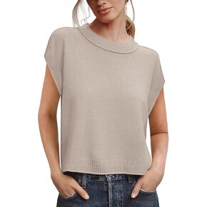 Saodimallsu Womens Cap Sleeve Sweater Vest Crew Neck Casual Loose Knit Summer Lightweight Crop Tank Tops Khaki