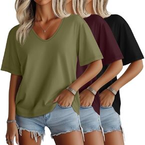 Huukeay 3 Pack Oversized T Shirts for Women V Neck Half Sleeve Tops Casual Cotton Summer Basic Loose Tees