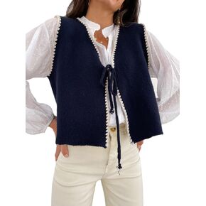 Women Tie Front Crochet Vest Sleeveless Sweater Tank Tops Open Front V Neck Knit Cardigan Going Out